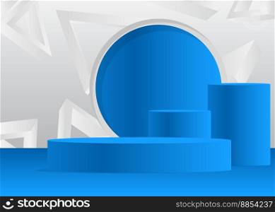 Blue, White product display. Vector 3D room, cylinder pedestal podium. Stage showcase for presentation. Futuristic Sci-fi minimal geometric forms, empty scene.
