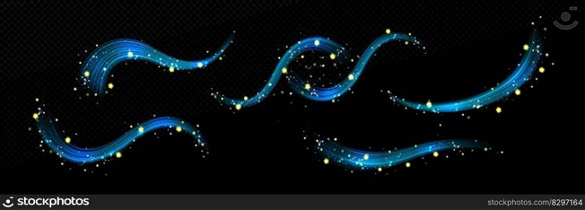 Blue wind air flow magic light wave vector effect. 3d breeze trail with yellow star spark stream isolated curve. Abstract graphic frosty shine wizard glitter dust powder with fragrance swoosh line.. Blue wind air flow magic light wave vector effect.