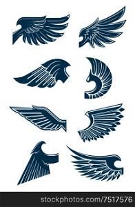 Blue wings heraldic symbols for tattoo, t-shirt print or emblem design with angel or bird wings with long and stiff flight feathers and curved shoulders. Blue angel or bird wings icons for heraldic design