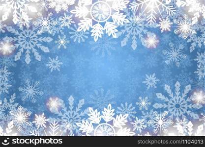 Blue winter background with snowflakes. Winter holiday and Christmas background.. Blue winter background