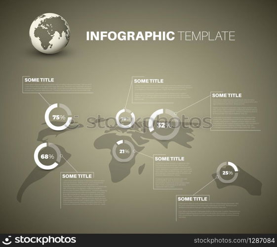 Blue World map infographic template with white transparent pie charts - brown version