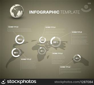 Blue World map infographic template with white transparent pie charts - brown version