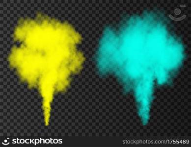Blue, yellow smoke burst isolated on transparent background. Color steam explosion special effect. Realistic vector column of fire fog or mist texture .