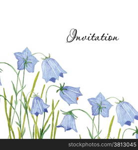 Bluebell flowers. Greeting or invitation vector card. Watercolor drawing. Hand drawn aquarel illustration.