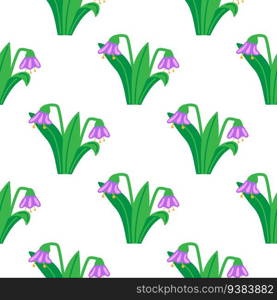 Bluebells and leaves seamless pattern. Lily botanical wallpaper. Vintage spring floral for textile print, wrapping paper, cover. Summer garden design. Vector illustration. Bluebells and leaves seamless pattern. Lily botanical wallpaper.