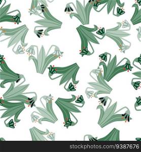 Bluebells and leaves seamless pattern. Lily botanical wallpaper. Vintage spring floral for textile print, wrapping paper, cover. Summer garden design. Vector illustration. Bluebells and leaves seamless pattern. Lily botanical wallpaper.
