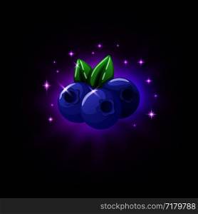 Blueberries with green leaf slot icon for online casino or mobile game, vector illustration with sparkles on dark purple background. Blueberries with green leaf slot icon for online casino or mobile game, vector illustration with sparkles on dark purple background.
