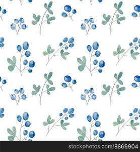 Blueberry and leaves seamless watercolor pattern. Vector illustration. Blueberry and leaves seamless watercolor pattern