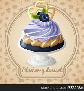 Blueberry dessert with cream and syrup badge and food cooking icons on background vector illustration