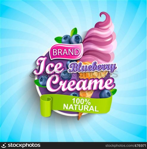 Blueberry Ice cream logo on sunburst background with berries and sundae in cone in cartoon style for your design.Gelato for banner,poster,brand,template and label,packaging,packing, emblem. Vector. Blueberry Ice cream logo, label or emblem.