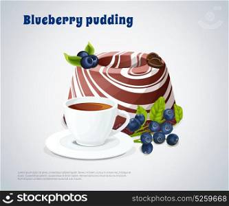 Blueberry Pudding Illustration. White cup with drink and striped blueberry pudding decorated chocolate hearts on grey background vector illustration