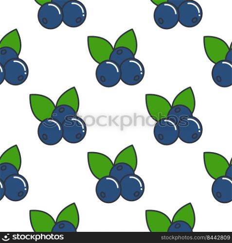 Blueberry with leaves seamless pattern vector illustration. Natural tasty wild berry on white background. Food print for background, packaging, wallpaper, paper and design. Blueberry with leaves seamless pattern vector illustration