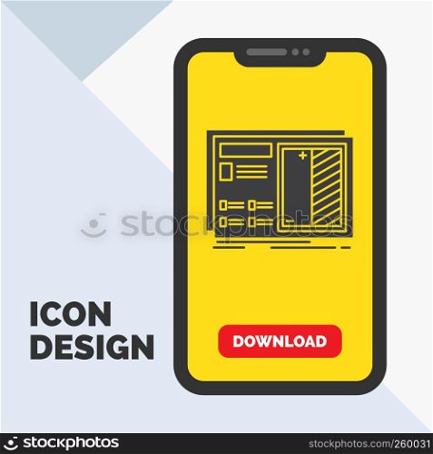 Blueprint, design, drawing, plan, prototype Glyph Icon in Mobile for Download Page. Yellow Background