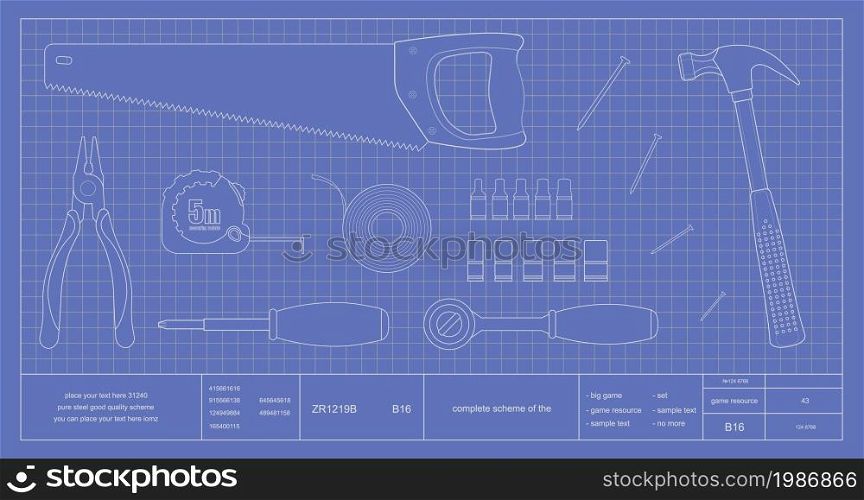 Blueprint instruments. Pliers, measuring roulette, hand saw, screwdriver, insulating tape, wrench tool, hammer and nails. Vector clip art scheme illustration. Blueprint instruments