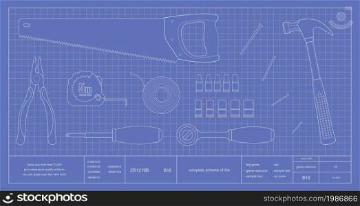 Blueprint instruments. Pliers, measuring roulette, hand saw, screwdriver, insulating tape, wrench tool, hammer and nails. Vector clip art scheme illustration. Blueprint instruments