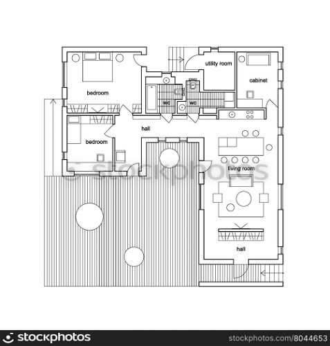 Blueprint on white background. Vector architectural plan of modern house.