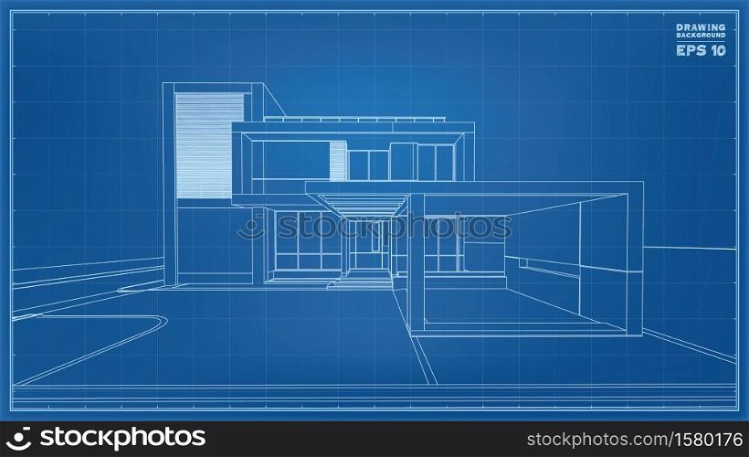 Blueprint Perspective. 3D render of tropical house wireframe. Vector illustration of house construction idea.