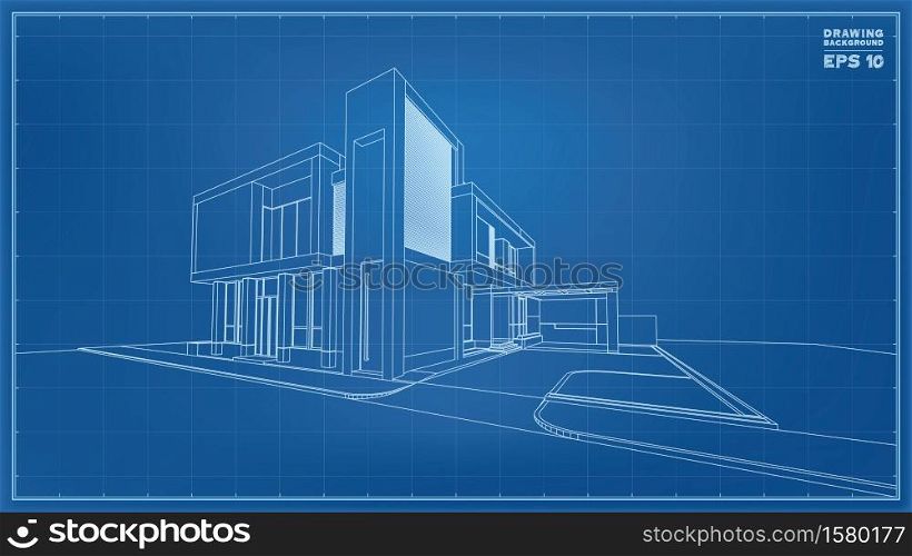 Blueprint Perspective. 3D render of tropical house wireframe. Vector illustration of house construction idea.