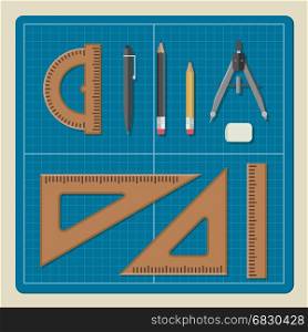 Blueprint with architectural professional equipment.. Blueprint with professional drawing equipment in flat style. Architectural desktop.