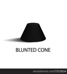 Blunted cone isolated geometric figure in black color. Three-dimensional shape based on two circles of smaller and bigger radius vector illustration.. Blunted Cone Isolated Geometric Figure in Black