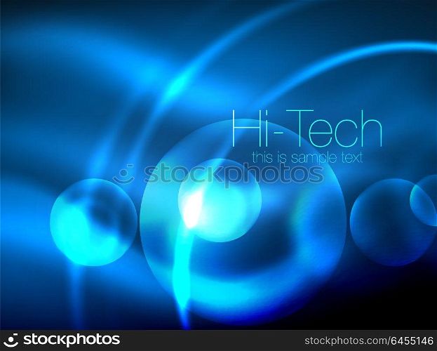 Blurred blue neon glowing circles, hi-tech modern bubble template, techno glowing glass round shapes or spheres. Geometric abstract background. Blurred blue neon glowing circles, hi-tech modern bubble template, techno glowing glass round shapes or spheres. Geometric abstract background. Vector illustration