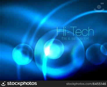 Blurred blue neon glowing circles, hi-tech modern bubble template, techno glowing glass round shapes or spheres. Geometric abstract background. Blurred blue neon glowing circles, hi-tech modern bubble template, techno glowing glass round shapes or spheres. Geometric abstract background. Vector illustration