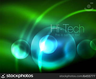 Blurred neon glowing circle, hi-tech modern bubble template, techno glowing glass round shapes or spheres. Geometric abstract background. Blurred neon glowing circle, hi-tech modern bubble template, techno glowing glass round shapes or spheres. Geometric abstract background. Vector illustration