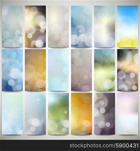 Blurry backgrounds set with bokeh effect. Abstract banners set, flyer layout vector templates.
