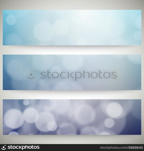 Blurry backgrounds set with bokeh effect. Abstract banners set, template vector.