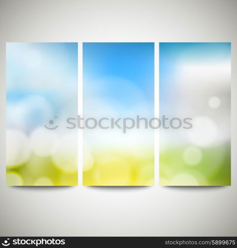 Blurry backgrounds set with bokeh effect. Abstract banners set, template vector.