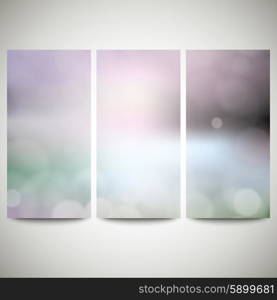 Blurry backgrounds set with bokeh effect. Abstract banners set, template vector.