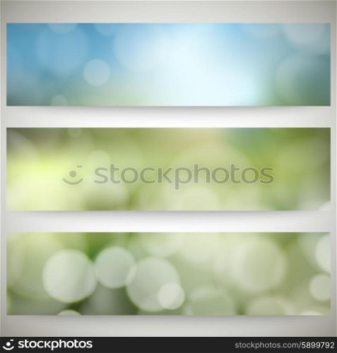 Blurry backgrounds set with bokeh effect. Abstract banners set, template vector.