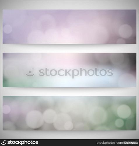 Blurry backgrounds set with bokeh effect. Abstract banners set, template vector.