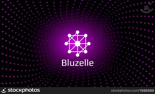 Bluzelle BLZ token symbol cryptocurrency in center of spiral of glowing dots on dark background. Cryptocurrency coin logo icon for banner or news. Vector illustration.. Bluzelle BLZ token symbol cryptocurrency in center of spiral of glowing dots on dark background. Cryptocurrency coin logo icon for banner or news.