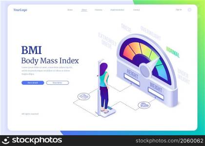 Bmi, body mass index isometric landing page. Women weigh near obese chart scale with extremely, overweight and normal indicators, female characters on diet using weight control, 3d vector web banner. Bmi, body mass index isometric landing page banner