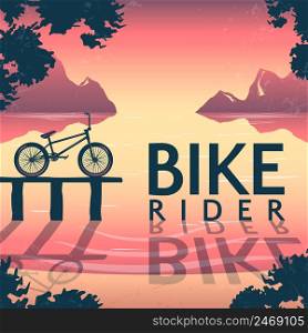 BMX bike riding poster with bicycle on pedestal and inscription over mountain lake at sunset vector illustration . BMX Bike Riding Poster