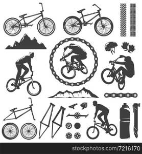 BMX decorative graphic icons set with bike bicyclist chain frame pedal rock track helmet isolated vector illustration. BMX Decorative Graphic Icons Set