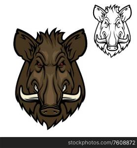 Boar hog wild animal muzzle, vector hunter club icon. Hunting sport and outdoor safari adventure, angry wild pig swine with tusk symbol. Hunter club mascot icon, wild boar hog animal