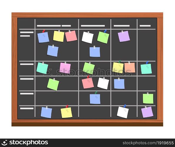 board full of tasks on sticky note cards. Development, team work, agenda, to do list. Vector illustration in flat style. board full of tasks on sticky note cards.
