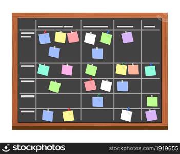 board full of tasks on sticky note cards. Development, team work, agenda, to do list. Vector illustration in flat style. board full of tasks on sticky note cards.