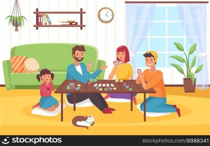 Board game at home. Happy family in room interior plays card role-playing game, joint collective hobby parents and children chips and cards on table. Friendly communication leisure time vector concept. Board game at home. Happy family in room interior plays card role-playing game, joint collective hobby parents and children, cards on table. Friendly communication leisure time vector concept
