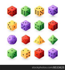 Board game dice. Role playing different sided game dice collection, family gaming and casino gambling pieces of various shapes. Vector polyhedral dices isolated set. Colorful realistic cubes with dots. Board game dice. Role playing different sided game dice collection, family gaming and casino gambling pieces of various shapes. Vector polyhedral dices isolated set