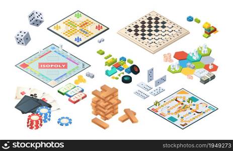 Board games. Adults funny games isometric cards backgammon chess mahjong vector. Illustration isometric board game 3d, playtime entertainment. Board games. Adults funny games isometric cards backgammon chess mahjong vector