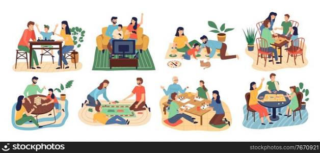 Board games family set. Stay at home. Parents with kids sitting at table and playing tabletop games. Spend time together gaming on console. Mom and father, girl and boy at home. Vector cartoon flat. Board games family set. Stay home. Parents with kids sitting at table and playing tabletop games
