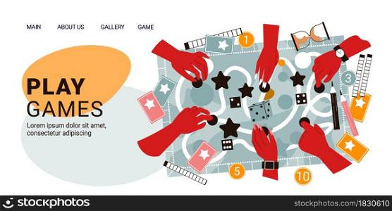 Board games horizontal banner landing page with clickable links editable text and doodle game with hands vector illustration. Board Games Hands Banner