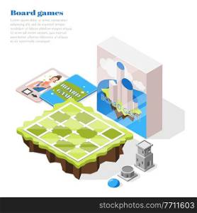 Board games isometric background with playing field packing box and brochure with description vector illustration. Board Games Isometric Background