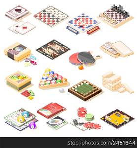Board games isometric icons set of checkers chess playing cards roulette tennis bingo billiard puzzles vector illustration. Board Games Isometric Icons Set
