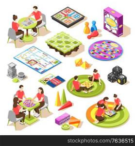 Board games isometric icons set with various tools elements pawn figures and dices isolated vector illustration