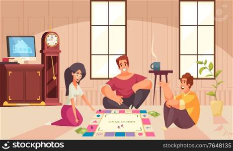 Board games money composition two men and one woman play on the floor in the room vector illustration