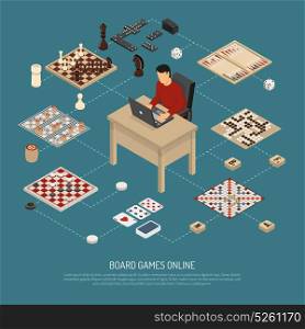 Board Games Online Composition. Colored board games online composition with guy who is sitting at the computer and playing vector illustration